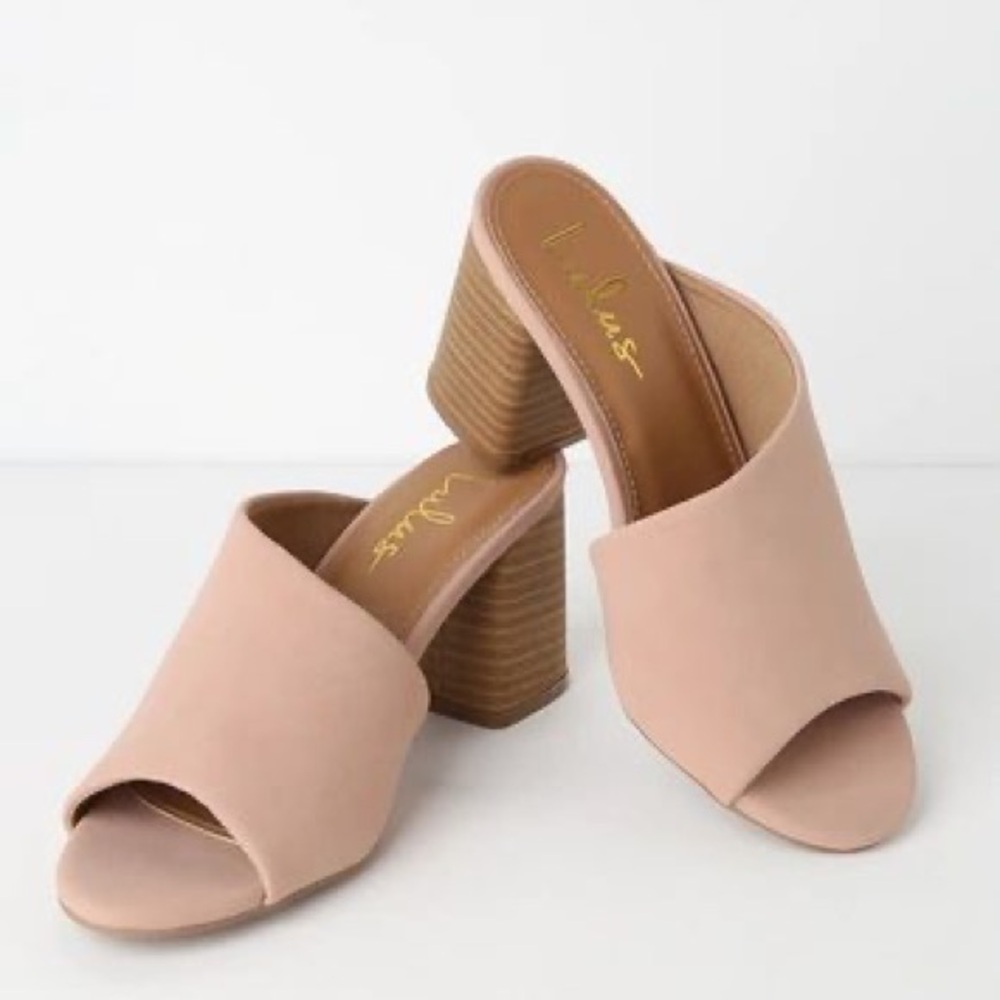 Lulu’s Blush Pink Nubuck Peep Toe Mules